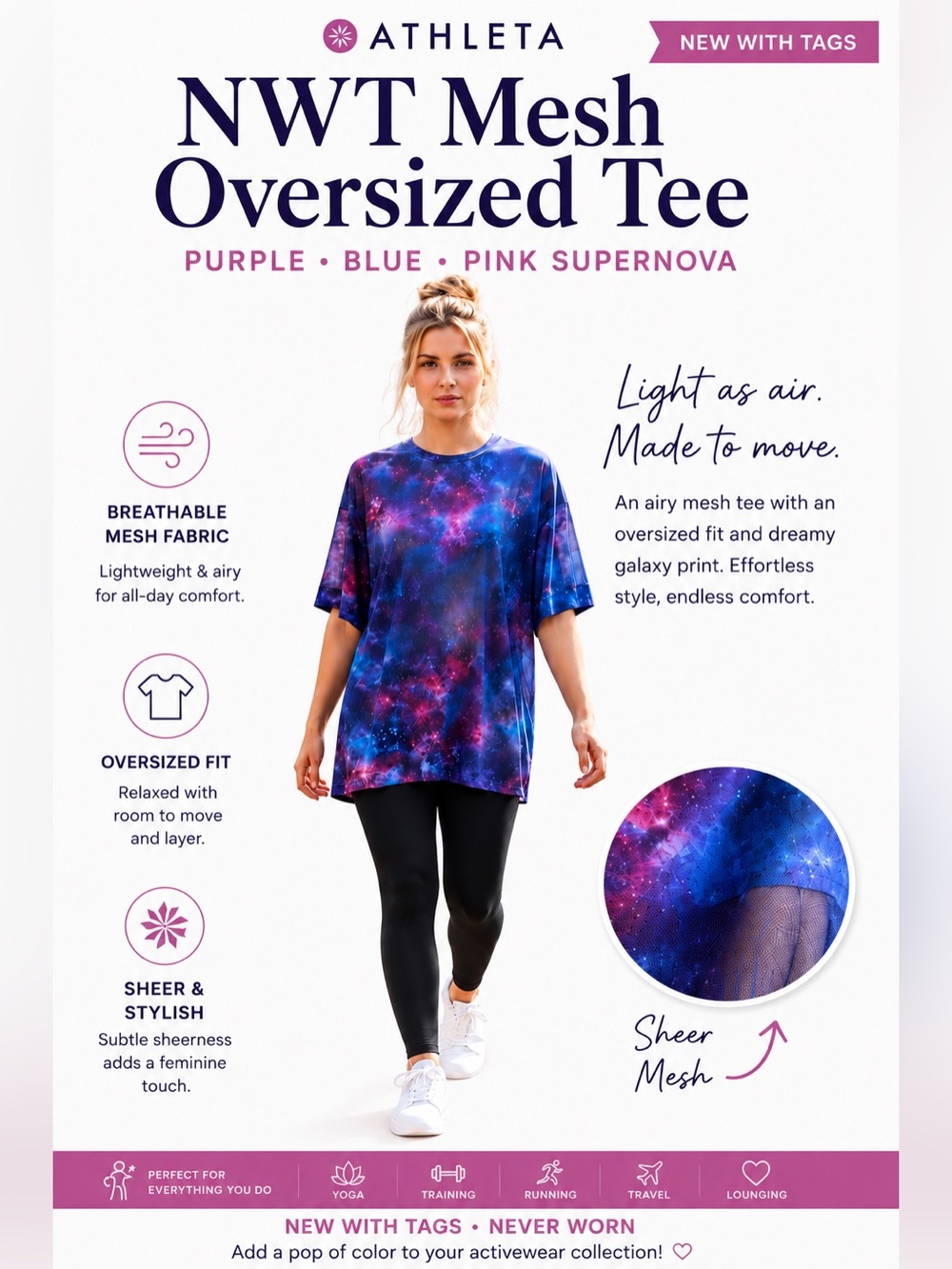 NWT Athleta Mesh Oversized Tee Supernova Galaxy Print Purple Blue Pink Medium